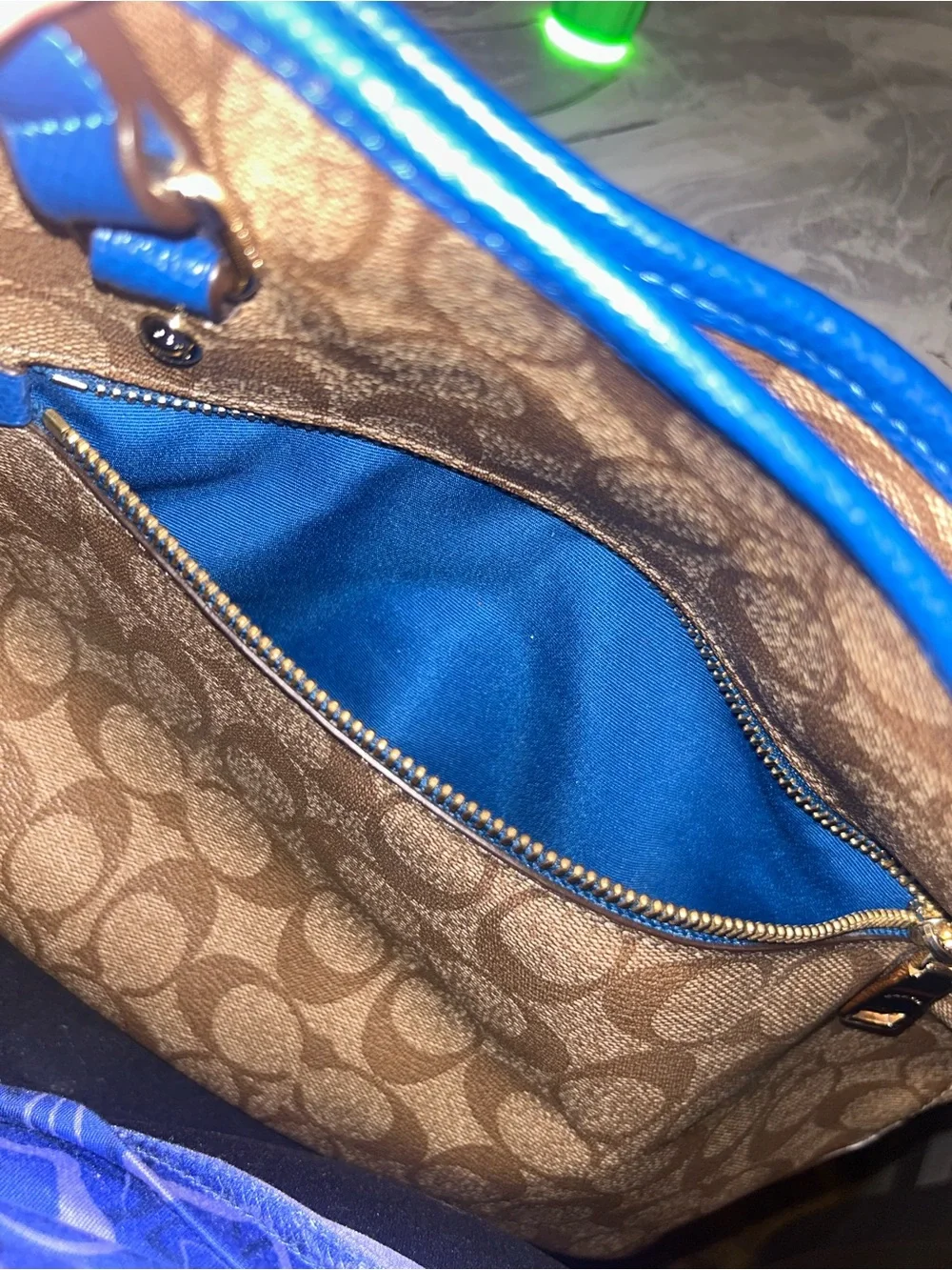 Coach Signature Canvas Zip Top Brown Blue Tote